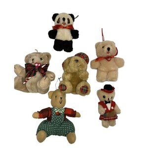 Lot Of 6 Vtg Plush Bear Christmas Ornaments Stuffed Teddy Panda Plaid Red Green